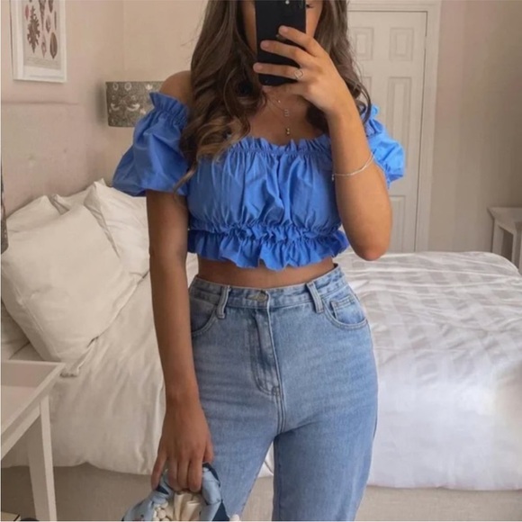 Zara Tops - ZARA Peasant Crop Top Blue Off Shoulder Puff Sleeve Smocked Cotton Sz Large
